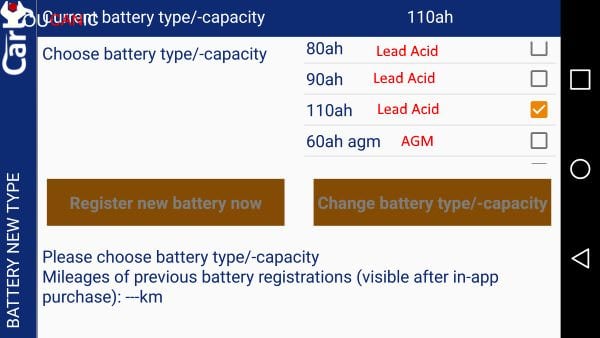 selecting battery type on carly