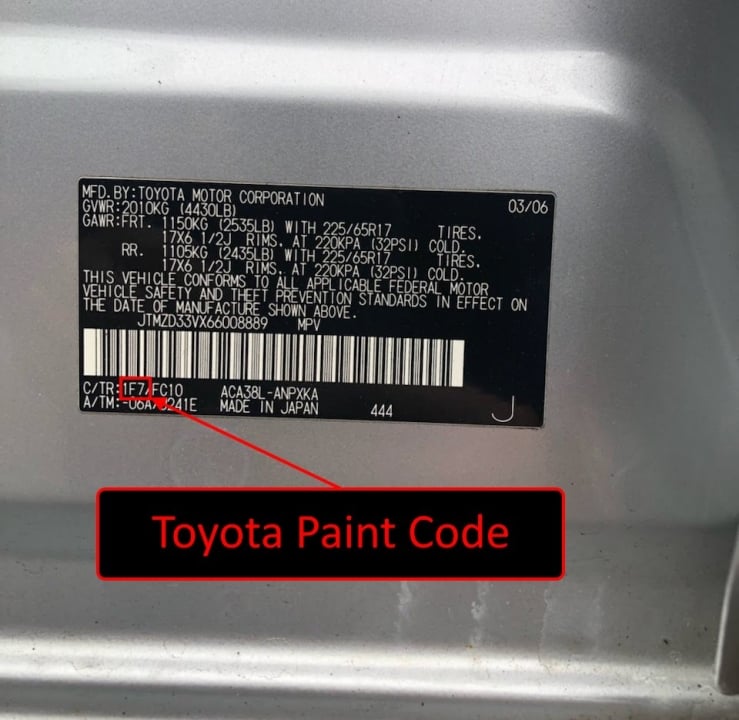 toyota paint code loction