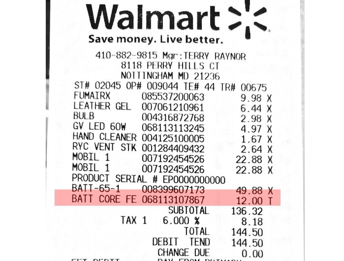 Walmart car battery core charge $12