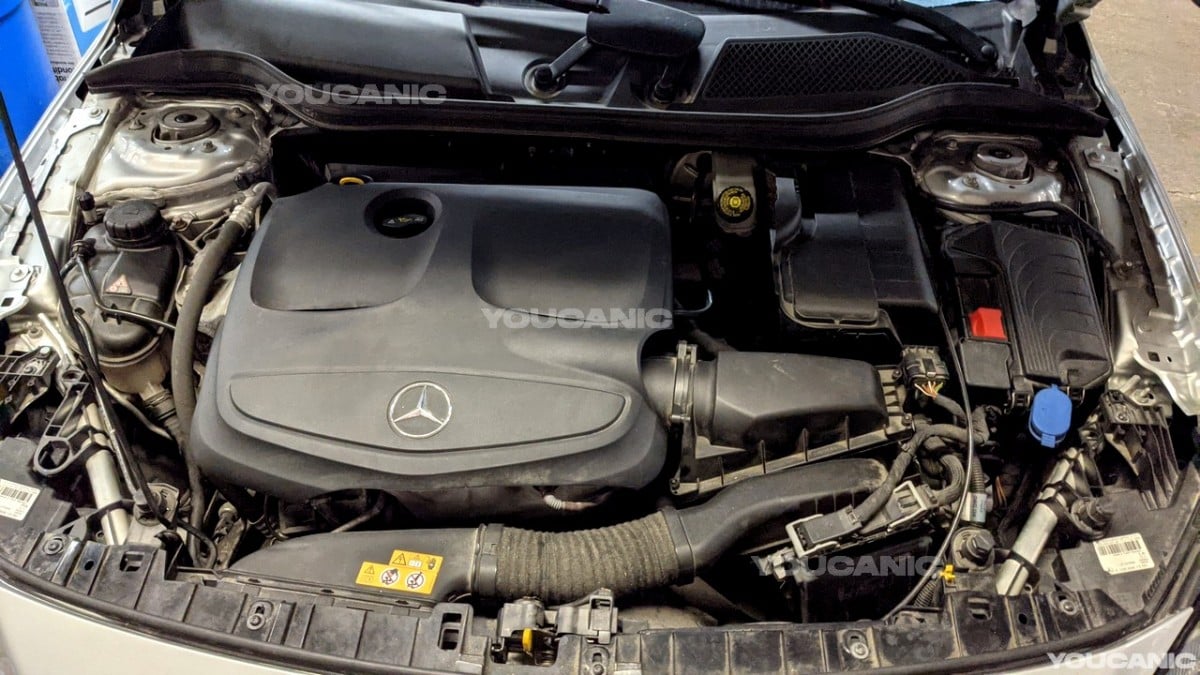 Opened hood of the Mercedes Benz GLA Class.
