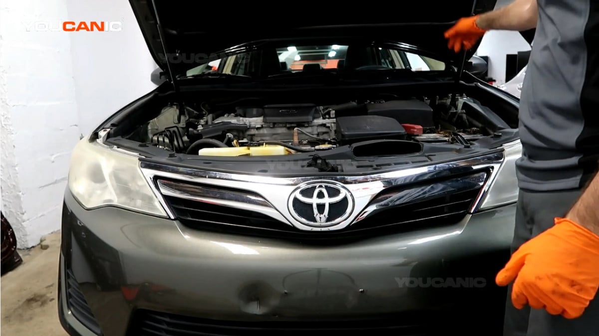 Opened hood of the Toyota Camry 2012.