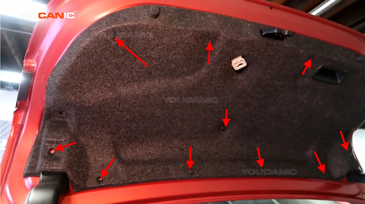 The locations of the push clips of the trunk door shield.