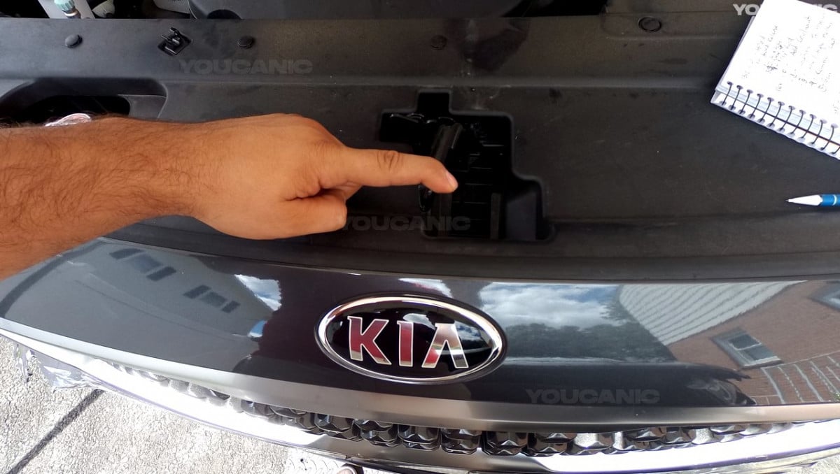Unlocking the hood latch of the Kia Sedona.